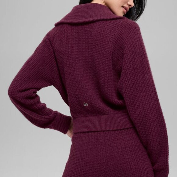 Alo Yoga Cashmere Plush Waffle 1/4 Zip Pullover Burgundy - Picture 3 of 4